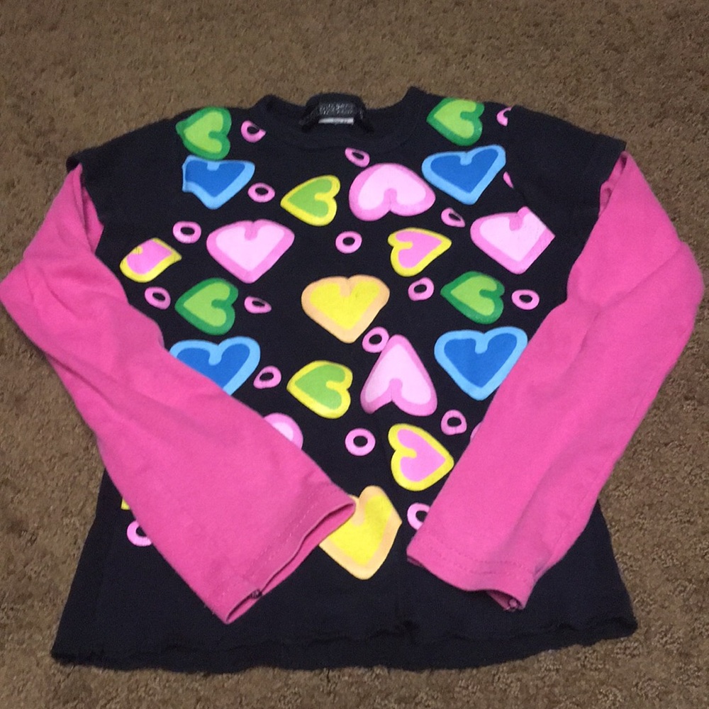 Hearts shirt Girls 6x pink & black long sleeve shirt with multi colored